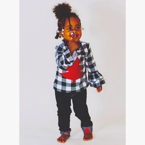 Black & White Buffalo Plaid  2 piece set with glitter red tree on cuff & shirt.